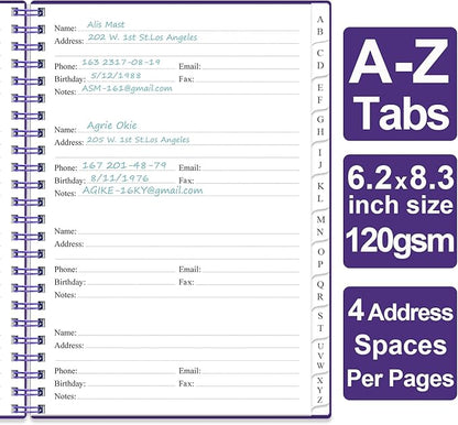Address Book with Alphabetical Tabs - A5 Telephone & Address Book with Address Contacts, Special Date, Phone, Birthday & Internet Login Password for Home and Office, 6.2" x 8.5", Purple