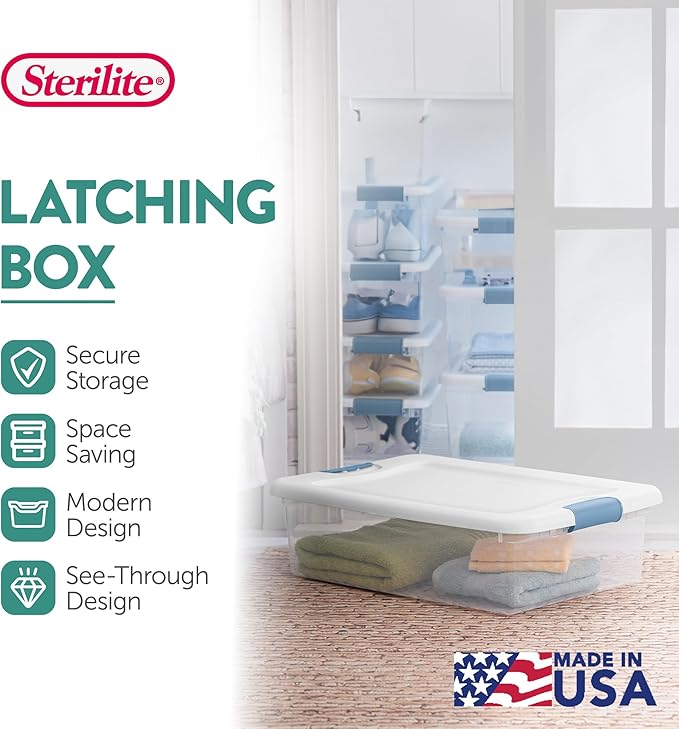 Sterilite 6-Pack Latching Box, Under Bed Storage Bins with Lids, Clear Plastic, 32 Quart - Heavy-Duty Organizing Containers for Closet, Bathroom, and Office