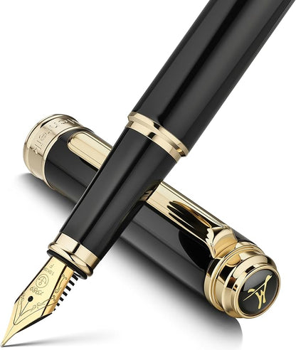MCNTEIK 317 Fountain Pen,Stunning Luxury Black Piano Lacquer,18K Gilded Nib(Fine),Gorgeous 24K Gold Finish, Ink Converter,Fancy Gift for Men&Women-Elegant,Executive,Office,Nice Pens for Writing