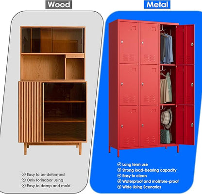 SUPEER 9 Doors Metal Locker with Business Card Holder and 27 Hooks,Metal Locker for Employees with Ventilation Holes for School Garage Office Gym Home,Assembly Required,Red
