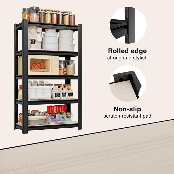 WORKPRO House 5-Tier Shelving Unit, 3000lbs Adjustable Storage Shelves, Boltless Book Shelf, Shelf Organizer for Kitchen, Living Room, Bathroom, Wood Grain Pattern, Waterproof Board, 24-1/10"W, Black