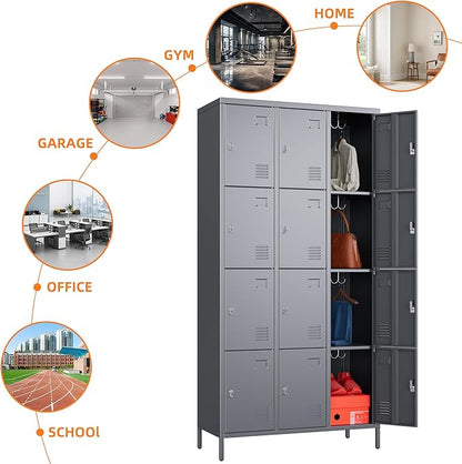 SUPEER Metal Lockers for Employees with 12 Door and 12 Hooks,Metal Storage Locker with Lock for School Office Gym Bedroom,Assembly Required,Dark Grey