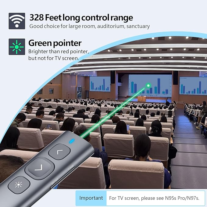 Norwii N95 Presentation Clicker with USB-A&C Receiver, PowerPoint Clicker for Presentation Remote, Rechargeable Wireless Presenter Pointer, Slide Advancer for PC/Laptop/e-Book (Green, USB-AC)