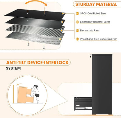 INTERGREAT 4 Drawers File Cabinet with Lock, 18" D Metal Black Vertical Filing Cabinet for Hanging Folders, Easy Assemble