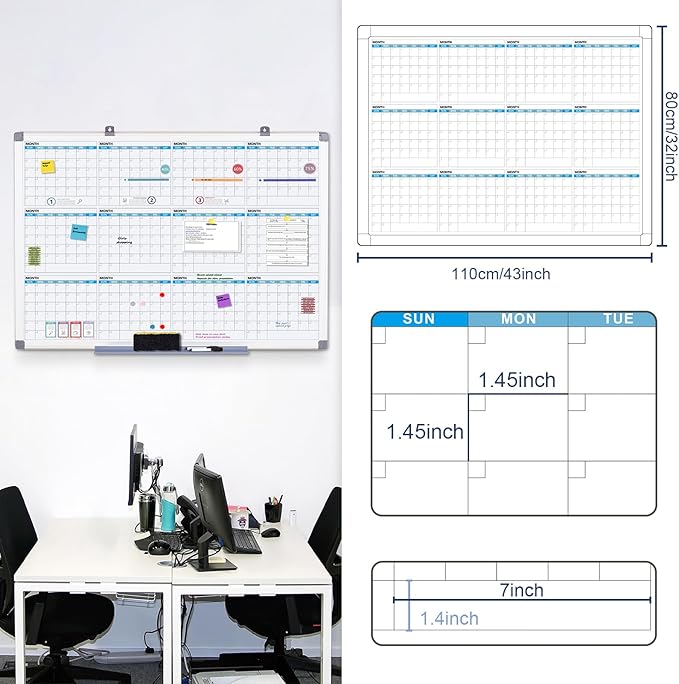 MAKELLO Large Magnetic Dry Erase Calendar Whiteboard Yearly 43" x 31" for Home, Bedroom, Office, Classroom, 12 Months
