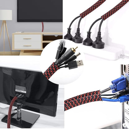 CrocSee 25ft - 1/2 inch Braided Cable Management Sleeve Cord Protector - Self-Wrapping Split Wire Loom for TV/Computer/Home Theater/Engine Bay - Black/Red