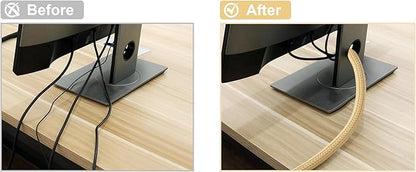 CrocSee 10ft - 1/2 inch Braided Cable Management Sleeve Cord Protector - Self-Wrapping Split Wire Loom for TV/Computer/Home Theater/Engine Bay - Beige
