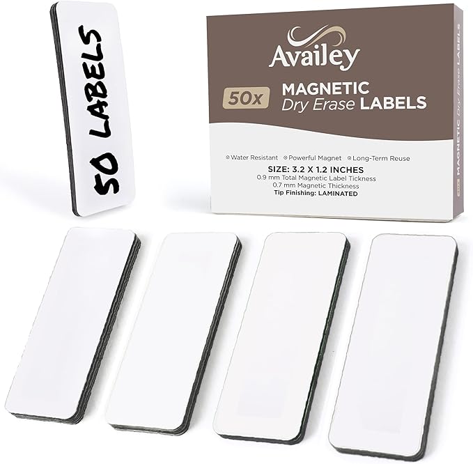 Availey 50 Pieces (3.2 x 1.2) - White Magnetic Dry Erase Labels - Reusable Strips for Classroom Home Office Garage Refrigerator Blank Writable Erasable Cards Name Tags Students Locker Shelf