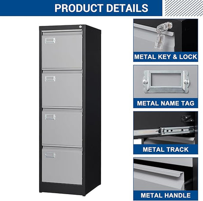 Fesbos File Cabinets - 4 Drawers Vertical 17.8" Deep Lockable Filing Cabinet - Black & Gray Metal Storage Cabinets for Home Office to Hanging Files Letter/Legal/F4/A4 Size