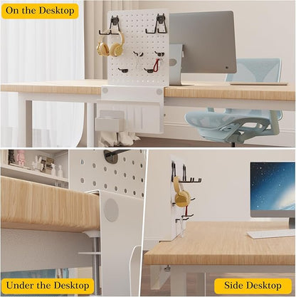 Henitol Clamp-on Desk Pegboard,Desk Side Storage,Steel Privacy Panel,No Drill Side Desk Organizer with Pen Holder,Table Side Organizer Laptop Holder for Office and Home (White)