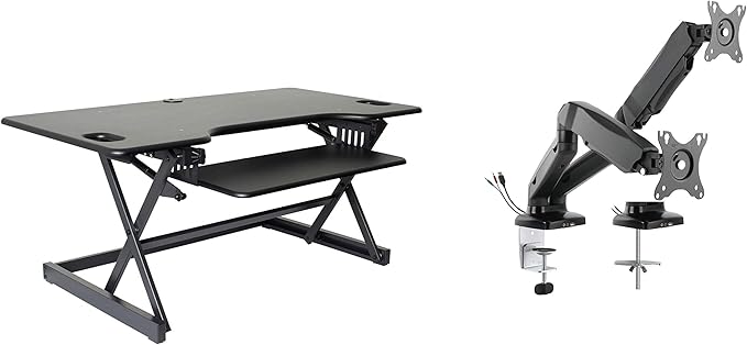 Rocelco 46" Large Height Adjustable Standing Desk Converter with Dual Monitor Mount Arm BUNDLE - Quick Sit Stand Up Computer Workstation Riser - Retractable Keyboard Tray - Black (R DADRB-46-MA2)