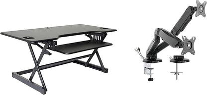 Rocelco 46" Large Height Adjustable Standing Desk Converter with Dual Monitor Mount Arm BUNDLE - Quick Sit Stand Up Computer Workstation Riser - Retractable Keyboard Tray - Black (R DADRB-46-MA2)