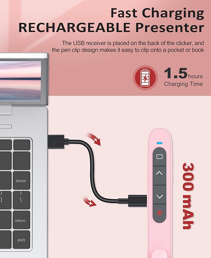 Presentation Clicker Rechargeable Pink Wireless Presentation Remote Presenter Long Range PPT Clicker with Pointer Slide Advancer for Classroom Teacher Mac/Windows/Linux, Google Slide/PPT/Keynote