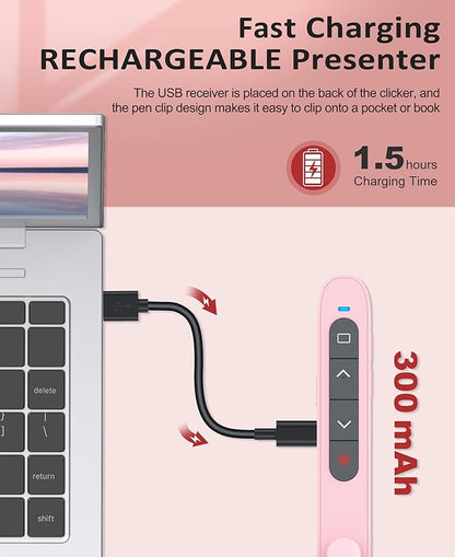 Presentation Clicker Rechargeable Pink Wireless Presentation Remote Presenter Long Range PPT Clicker with Pointer Slide Advancer for Classroom Teacher Mac/Windows/Linux, Google Slide/PPT/Keynote