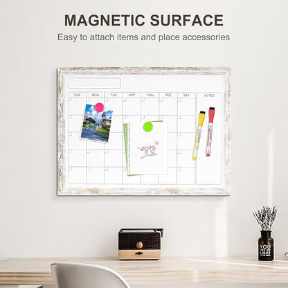 Monthly Dry Erase Calendar Whiteboard for Wall, 24" x 18" Magnetic White Board Calendar Board - Rustic Vintage Wooden Frame
