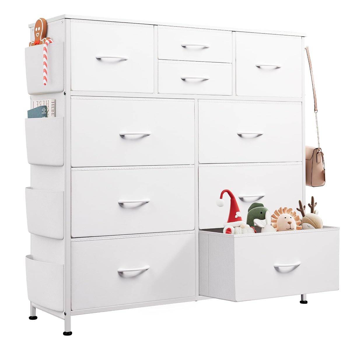 10 Drawer White Fabric Dresser for Bedroom, Side Pockets Chest
