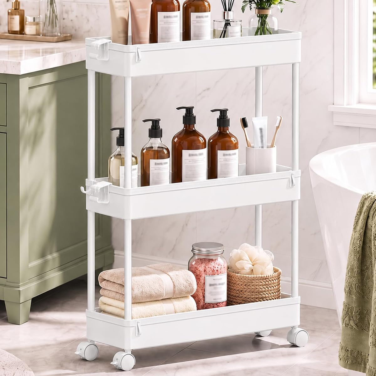 Slim Rolling Storage Cart, 3 Tier Bathroom Cart Organizer,White