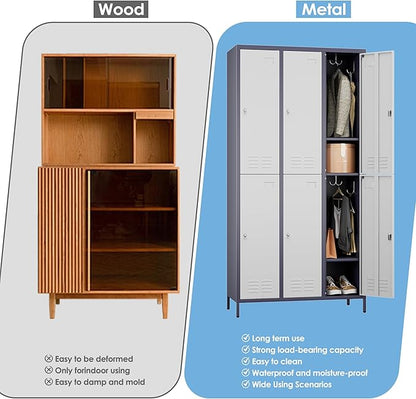 SUPEER 6 Doors Metal Locker for Employees with 18 Hooks and Business Card Holder,Metal Locker with Ventilation Holes for School Garage Office Gym Home,Assembly Required,Grey-White