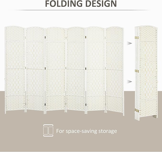 HOMCOM 6 Panel Room Divider, 6' Tall Folding Privacy Screen, Hand-Woven Freestanding Wall Partition for Home Office, Bedroom, White
