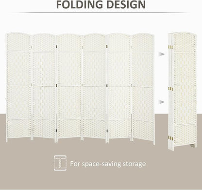 HOMCOM 6 Panel Room Divider, 6' Tall Folding Privacy Screen, Hand-Woven Freestanding Wall Partition for Home Office, Bedroom, White