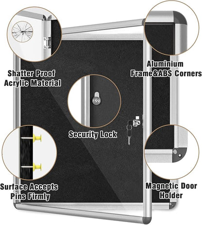 Mifuro 28"x26" Enclosed Bulletin Board, Lockable Weather-Resistant Aluminum Cork Noticeboard for School & Office, Silver Frame w/Black Flet
