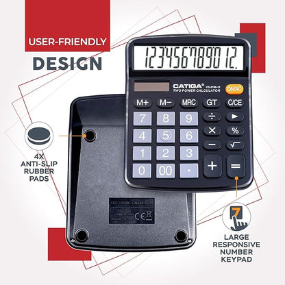 CATIGA Desktop Calculator (2 Pack) 12 Digit with Large LCD Display and Sensitive Button, Solar and Battery Dual Power, Standard Function for Office, Home, School, CD-2786 (Black/Silver)
