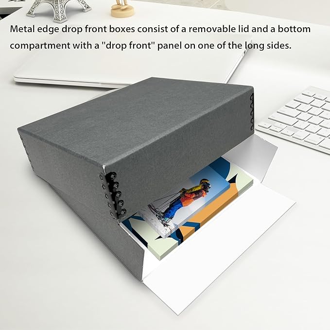 Lineco Museum Archival Storage Box, 9.25x11.75x3 in. Drop Front Design. Acid-Free with Metal Edge. Organize Photos, Pictures, Prints, Documents, Crafts, DIY. Gray, 2 Pack