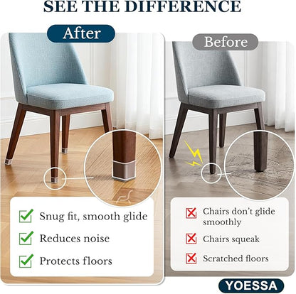 32 Pcs Square Chair Leg Floor Protectors, Clear Silicone Chair Leg Caps Covers Sliders for Hardwood & Tile Floors, Stay-On Tight Fit Design, Scratch-Free & Noise Reduction (S Fits: 3/4" to 1-1/16")
