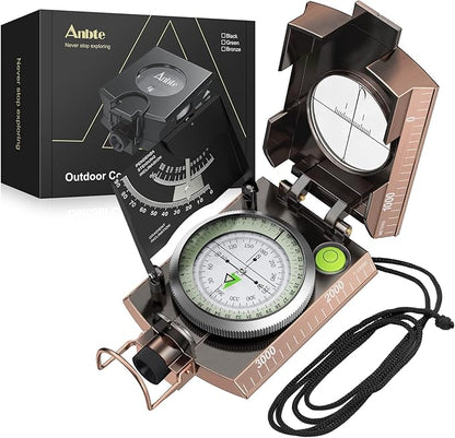 Anbte Compass Hiking Survival, IP65 Waterproof Metal Compass with Sighting Clinometer and Carry Bag, Multifunctional, Professional, for Camping Hunting Hiking Navigation