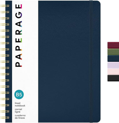 PAPERAGE Lined Spiral Journal Notebook, (Navy), 160 Pages, Large B5 Hardcover Journal for Women & Men, 10 in x 8.15 in - 100 GSM, Thick Paper, Spiral Notebook for Work, School & Journaling