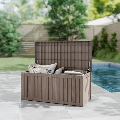 Yardgrace 150 Gallon Outdoor Storage Box Waterproof, Resin Deck Boxes with Lockable Lid & UV-Resistant for Patio, Pool, Garden Furniture Cushions & Accessories, Coffee