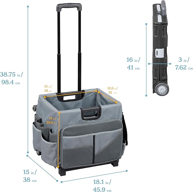 ECR4Kids Universal Rolling Cart with Canvas Organizer Bag, Mobile Storage, Dark Grey/Grey