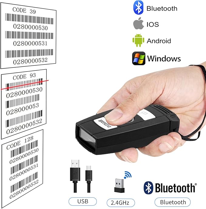 Mini 2D Portable Handheld Bluetooth Barcode Scanner Wireless 2.4G & USB Wired 3-in-1 Bar Code Scanner Portable USB QR Code Scanner for Windows.Android.iOS.MAC