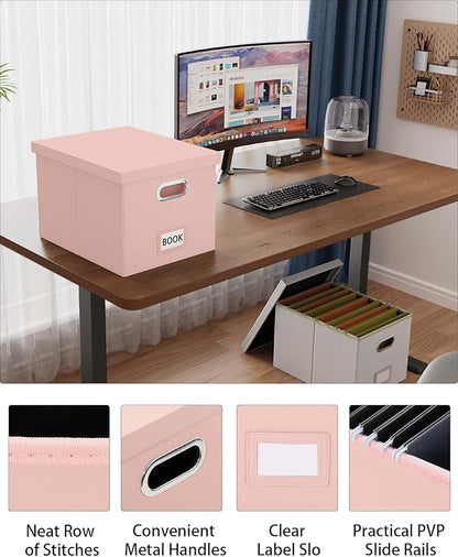 2 Pack File Storage Organizer, Portable File Box with Lid, Fit for Letter/Legal File Folder Storage, Cream-pink (Leather) Box