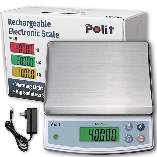 Polit KOIN Digital Food Scale 40lb – High-Capacity Rechargeable Kitchen & Packing Scale with Stainless Tray, 1g Precision and 3-Color Indicator for Baking, Meal Prep and Vendors