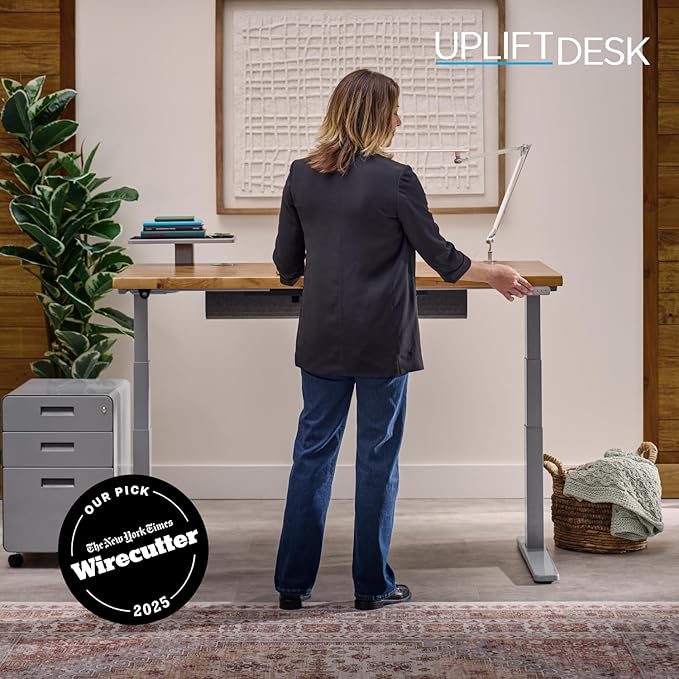 UPLIFTDESK V3 2-Leg Walnut Laminate Wood Standing Desk – Adjustable Height, Advanced 1-Touch Memory Keypad, Under Desk Cable Management, Wire Grommets & Rocker Board (Black C-Frame, 60 x 30 inch)