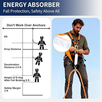 50FT Vertical Lifeline Assembly, 310LBS Capacity Fall Protection Safety Rope, Roofing & Tree Climbing Line Kit with Grab Hooks, Snap Hooks and Shock Absorber