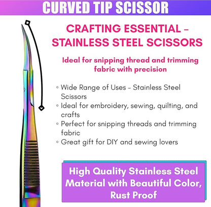 Cross Edge Curved Spring Scissors 5 Inch Stainless Steel Precision Eyebrow & Eyelash Shaping & Trimming Scissor, Snips Squeeze, Embroidery, Knitting Micro Tip Craft Scissors (Rainbow)