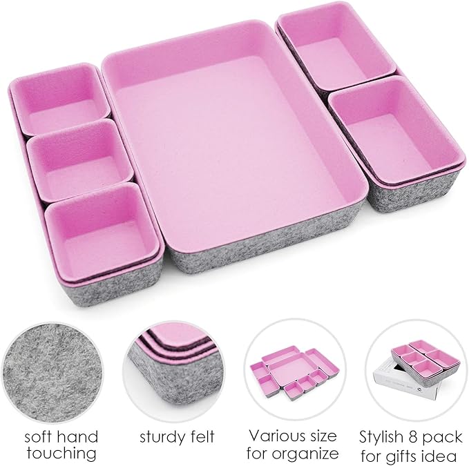 Welaxy desk drawer organizers tray felt storage bin caddy for home office suppliers makeup crafts pens decluttering 8-piece holiday gift solution (Light pink)