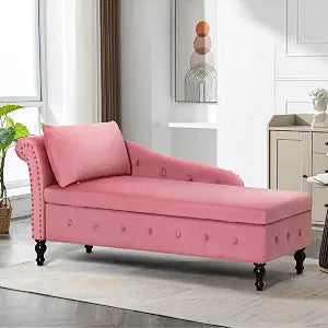 Velvet Chaise Lounge w/Left Armrest & Storage Space, Pink