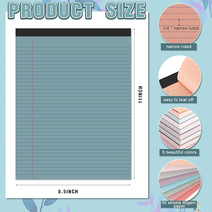 Fuutreo 8 Pcs 8.5'' x 11'' Colored Legal Pad Writing Pads Narrow Ruled 50 Sheets Per Notepad Perforated Writing Notepad Office Supplies for College Office Business (Vintage Color)