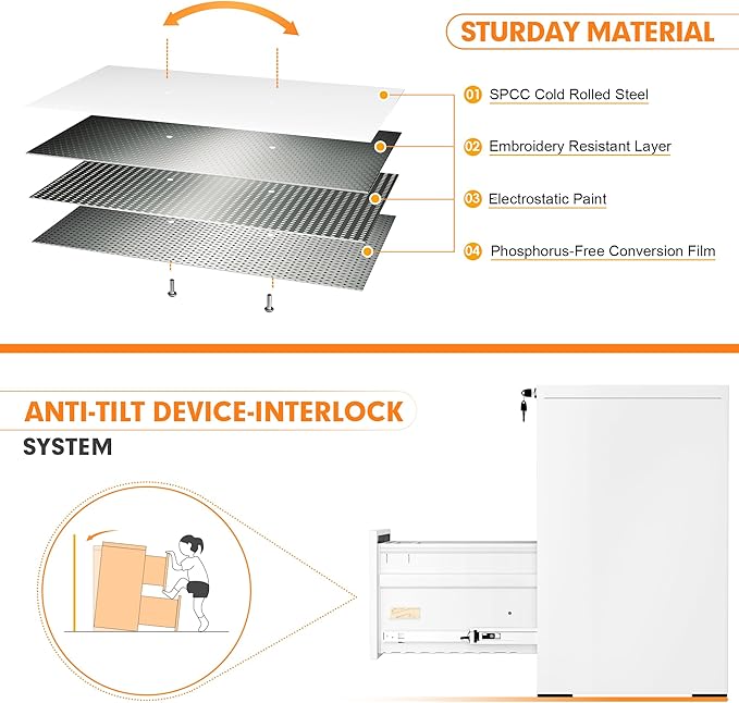 INTERGREAT 2 Drawers File Cabinet with Lock, 18" D Metal White Vertical Filing Cabinet for Hanging Folders, Easy Assemble
