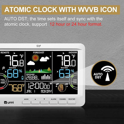 Weather Station Indoor Outdoor Thermometer Wireless, Home Atomic Clock with Large Constant Display, Inside Outside Temperature Humidity Monitor, Dew Heat Point, Barometer White