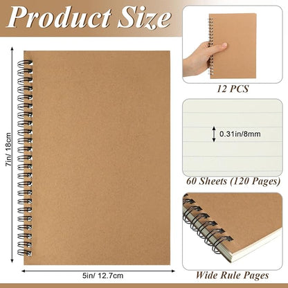 Leelosp 12 Pack Small Spiral Notebook 5 x 7 Inch Lined College Ruled Spiral Journal Wire Bound Notebook Kraft Cover, 120 Pages for Work Students Office Business(Brown)