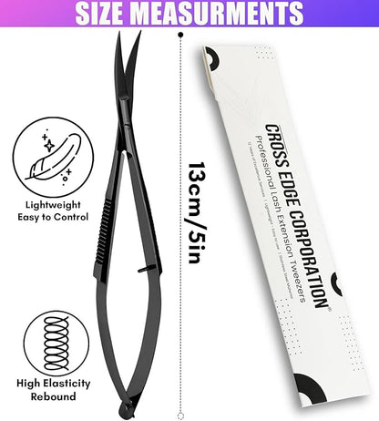 Cross Edge Curved Spring Scissors 5 Inch Stainless Steel Precision Eyebrow & Eyelash Shaping & Trimming Scissor, Snips Squeeze, Embroidery, Knitting Micro Tip Craft Scissors (Black)