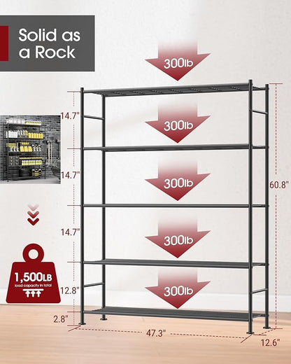 Sakugi Storage Shelves - 5 Tier Shelf Organizer, Heavy Duty Garage Shelving Unit with Leveling Feet, Stable Metal Shelves Organizer for Pantry, Kitchen and Closet, 47.3" W x 12.6" D x 60.8" H, Black