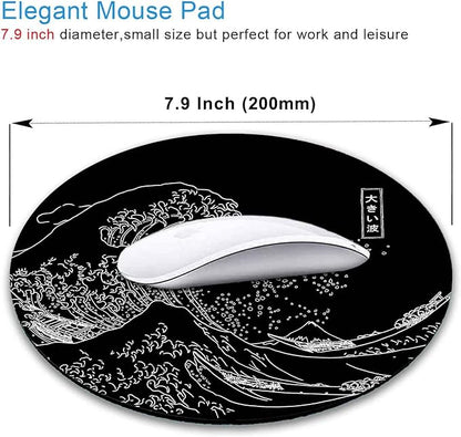 IMAYONDIA Japanese Great Wave Mouse Pad Small, Black Anime Mouse Pads, Kanagawa Round Mousepad, Aesthetic Desk Decor, Anti Slip Rubber Base Mice pad for Computer Office Travel, 7.9 x 7.9 Inch
