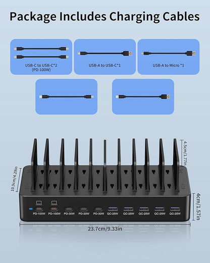 415W Charging Station for Multiple Devices, 10-Port USB C Fast Charger Station, Dual PD 100W Charging Dock with Adjustable Dividers & 6 Cables-Device Organizer for Laptop MacBook, iPhone, iPad