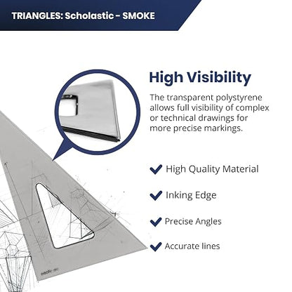 Pacific Arc's Scholastic Triangle - 10 inch - Smoke - 30/60 Angle - Polystyrene - Inking Edge - Technical Drawing Tools, Drafting, Architect and Engineering.