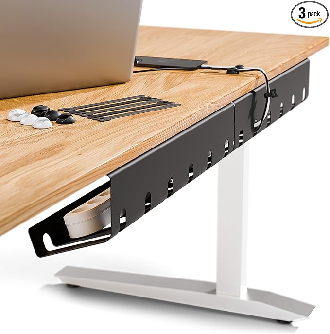 PAMO Cable Management Under Desk for Easy mounting Under-Table I Set of 3 - with 10X Cable Ties I Desk Organizer for Office/Home Office Table Thoughtful Cable Tray Holder